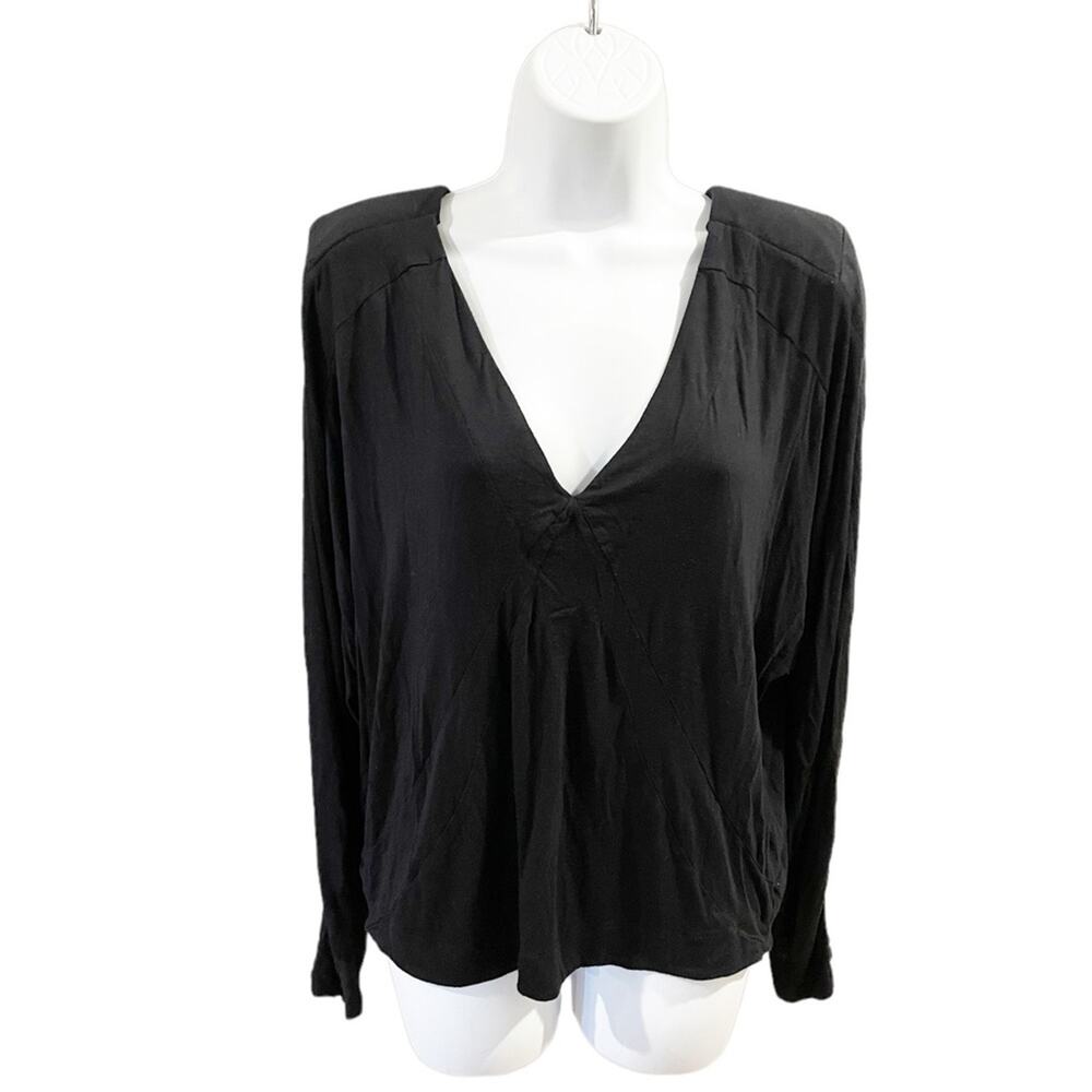 Free People Classic Black Deep V-Neck Shirt with Shoulder Padding Size Large